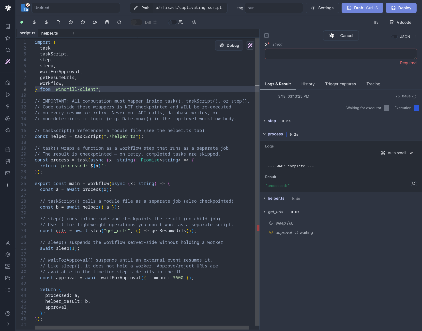 Script in python executing workflow as code